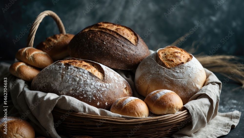 Poster Flat lay of bakery bread and buns with rustic crust on a background, captured from above with space for text placement