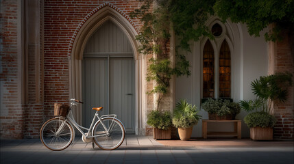 Bicycle parked by historic red brick Gothic church entrance