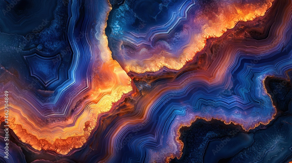 Poster swirling patterns of deep blue and fiery orange create a captivating abstract design reminiscent of 