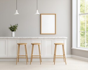 Modern Kitchen Interior with Bar Stools and Empty Frame on Wall, Bright Natural Light, Minimalist Decor