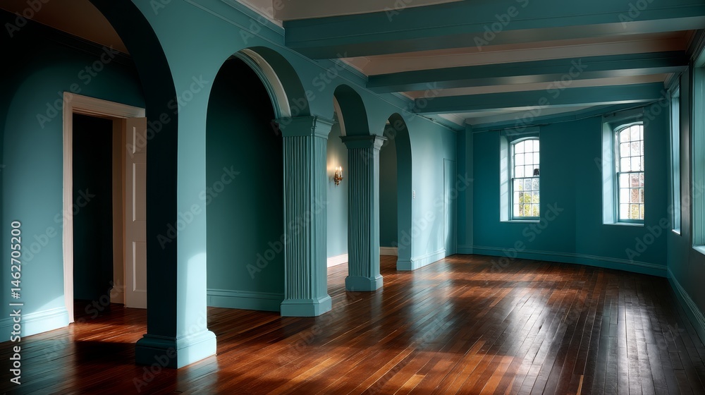 Aufkleber Inside an elegant teal chamber, intricate carvings on columns and archways are highlighted by moody lighting, creating a serene atmosphere perfect for various uses