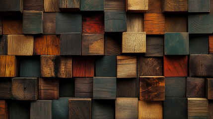 A wall of wooden blocks in various colors and textures, creating an organic pattern.