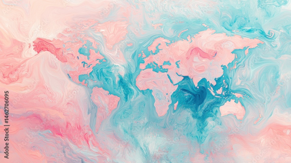 Poster an abstract representation of a world map is created using vibrant swirls of pink and turquoise colo