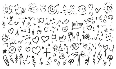 Doodle Elements And Symbols Silhouette Set. Creative Hand-Drawn Icons For Design And Decoration. Isolated Vector Illustration Collection