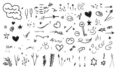 Doodle Arrows And Symbols Silhouette Set. Hand-Drawn Elements For Creative Design And Decoration. Isolated Vector Illustration Collection