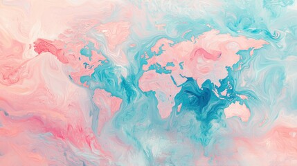 Fototapeta premium An abstract representation of a world map is created using vibrant swirls of pink and turquoise colors. This artistic piece captures the essence of global diversity and creativity