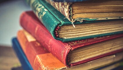 Old worn leather bound books stacked on top of each other, aged yellow pages vintage reading