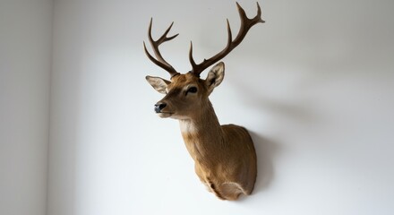 Minimalist Deer Head Taxidermy Wall Decor - Elegant deer head taxidermy mounted on a white wall. Symbolizing nature, hunting, home decor, rustic charm, and wilderness
