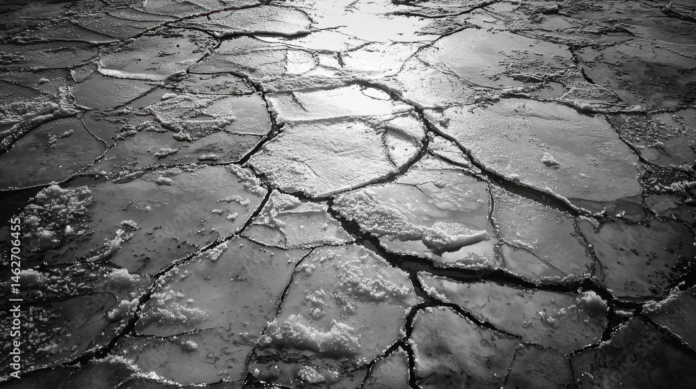 Poster a frozen surface showcases a network of cracks and fissures that reflect sunlight, creating dynamic 