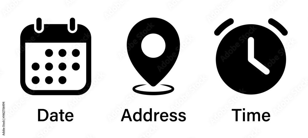 Aufkleber date, time and address icon set with text in black and white color. event calendar reminder clock bu