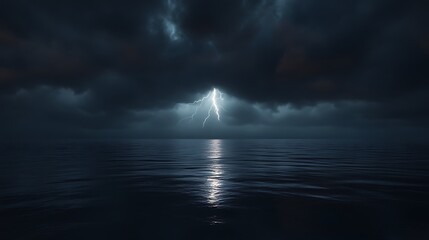 A stunning scene of a powerful lightning strike illuminating the horizon, reflecting off the calm water below, under dark and ominous storm clouds, capturing nature's raw power. .