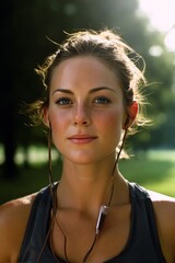 A young woman pauses during her outdoor run, wearing earphones, looking forward with a smile.