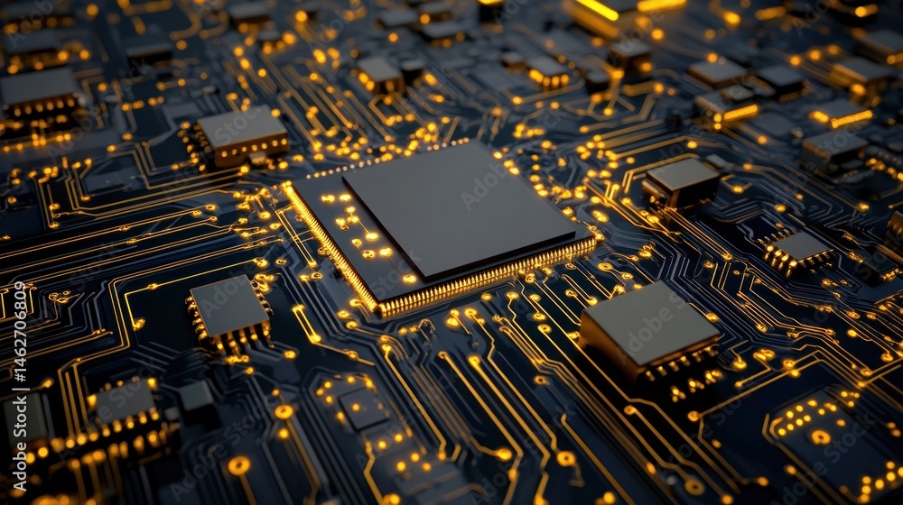 Poster circuit board central processor golden pathways technology background