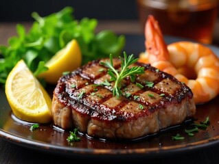 Sizzling steak, garlic butter shrimp, lemon wedges, seafood, cuisine, shrimp