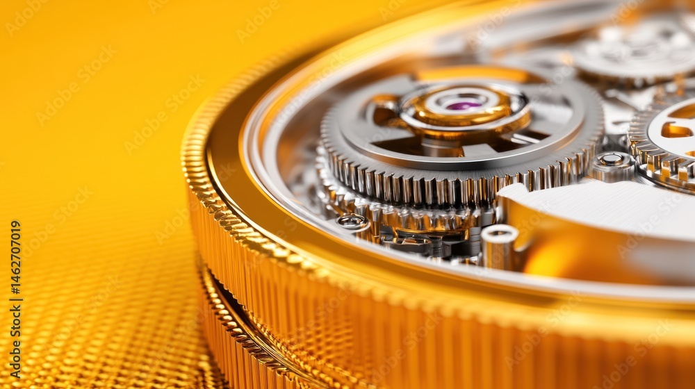 Poster intricate golden clockwork gears detailed macro view of mechanical components