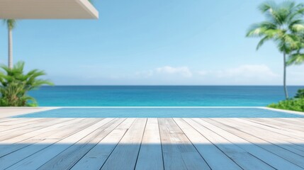 Fototapeta premium Tranquil ocean view wooden deck pool and tropical paradise