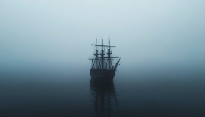 Fototapeta premium Foggy sea, historic ship