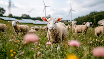 Obraz premium Sheep in a field with wind turbines and solar panels