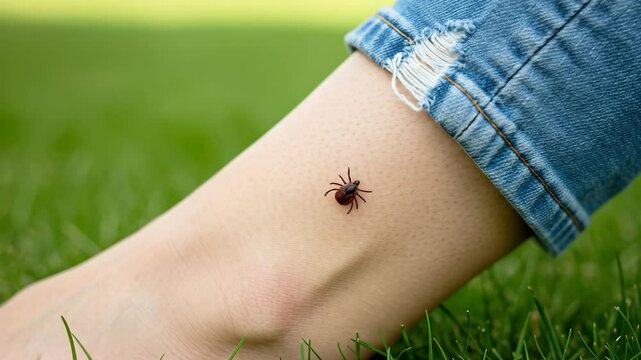 Tick sitting on human leg in grassy outdoor setting