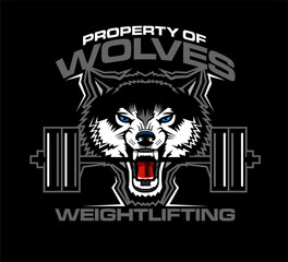 property of weightlifting team design with wolf mascot biting barbell for school, college or league sports
