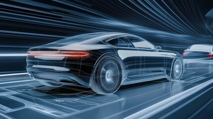 Obraz premium Futuristic car speeding on digital highway wireframe design concept