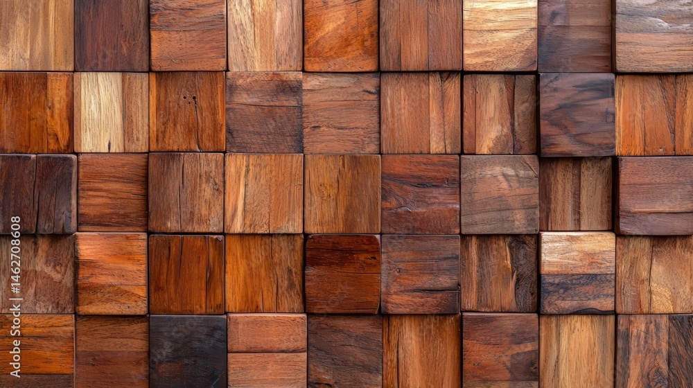 Aufkleber wooden wall with many wooden blocks. the blocks are of different sizes and shapes. the wall has a ru