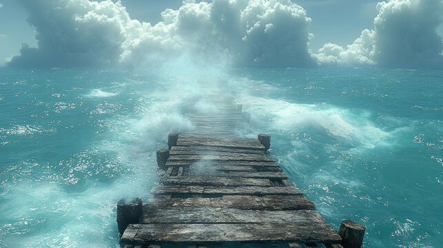 Fototapeta Wooden pier meets powerful waves