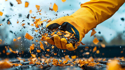 A vibrant display of shattered orange and dark fragments exploding from a yellow-gloved hand ideal for illustrating powerful concepts like release impact or environmental action