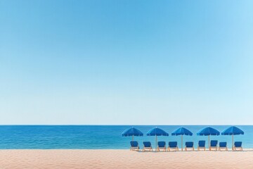 Obraz premium Summer beach with blue umbrellas and empty chairs