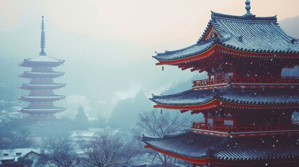 Winter scenery showcasing traditional Japanese architecture.