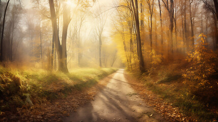 Obraz premium Autumn Forest Trail with Warm Lighting 