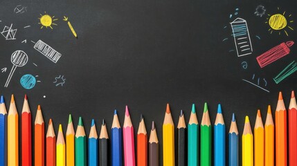 Colorful pencils and childlike drawings on blackboard back to school concept