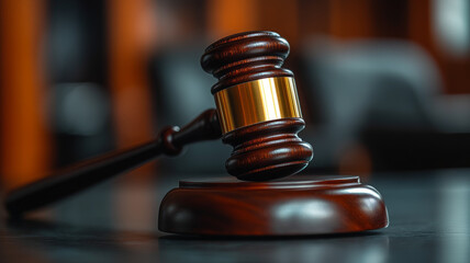 Gavel on a wooden block in a courtroom; symbol of justice.