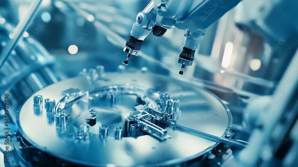 Poster automated robotic arm precision assembly: high-tech manufacturing process close-up
