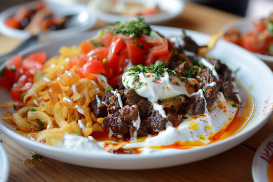 Cokertme Kebab &ndash; Turkish Kebab with Spiced Beef over Crispy Shoestring Potatoes and Yogurt