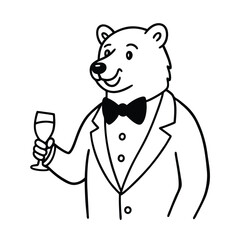 bear tuxedo holding a glass line art vector silhouette