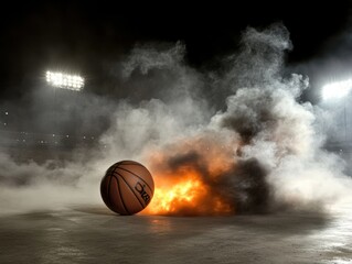 Basketball engulfed in flames and smoke on a court. Stadium lights illuminate the scene