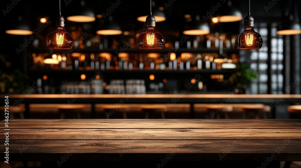 Poster bar with three lights hanging from the ceiling. the lights are dim and give off a warm, cozy atmosph