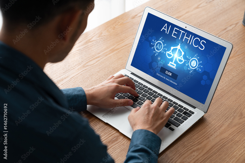 Poster ai ethics responsibility standard law and rules on computer screen provide report of ai ethic transp