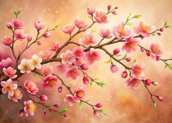 Obraz premium Peachy Pink Cherry Blossoms Watercolor Painting - Delicate Branches, Beige Background, Japanese Art