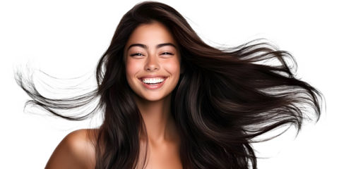 Beautiful laughing brunette female model with long hair. Smiling woman hairstyle, isolated on transparent background
