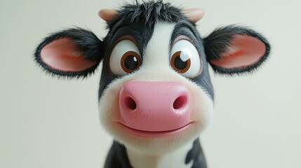 Cute cartoon cow face close-up, studio, happy expression