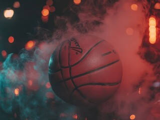 Basketball in smoky, vibrant lighting.  A basketball is suspended amidst swirling smoke and colorful light