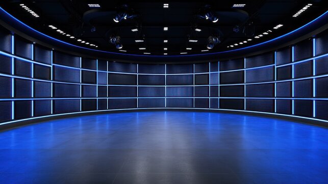 Modern television studio interior empty set with blue lighting and multiple screens