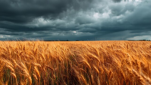 Golden field under dramatic, stormy sky