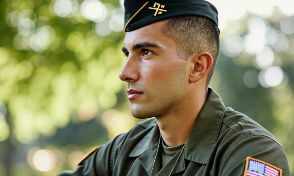 Young male soldier in uniform with USA flag patch