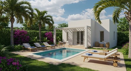 Fototapeta premium Modern Villa with Private Pool - Luxurious villa featuring a private pool, outdoor lounge area, and lush landscaping. Perfect for a relaxing getaway