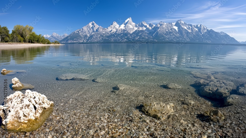 Poster beautiful lake with mountains in the background. the water is calm and clear, and the rocks on the s