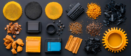 This image illustrates the transformation and various states of plastic materials showcasing raw forms recycled aggregates and finished industrial components perfect for educational content or materia