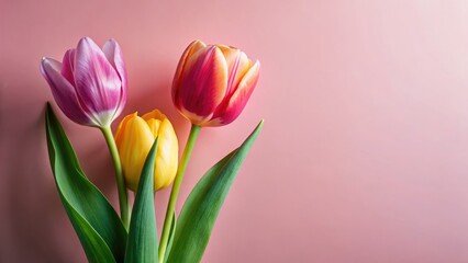 Naklejka premium Pink Background Tulips, Spring Flowers Photography, Three Tulips Image, Floral Wallpaper, Light Pink Tulip Bouquet